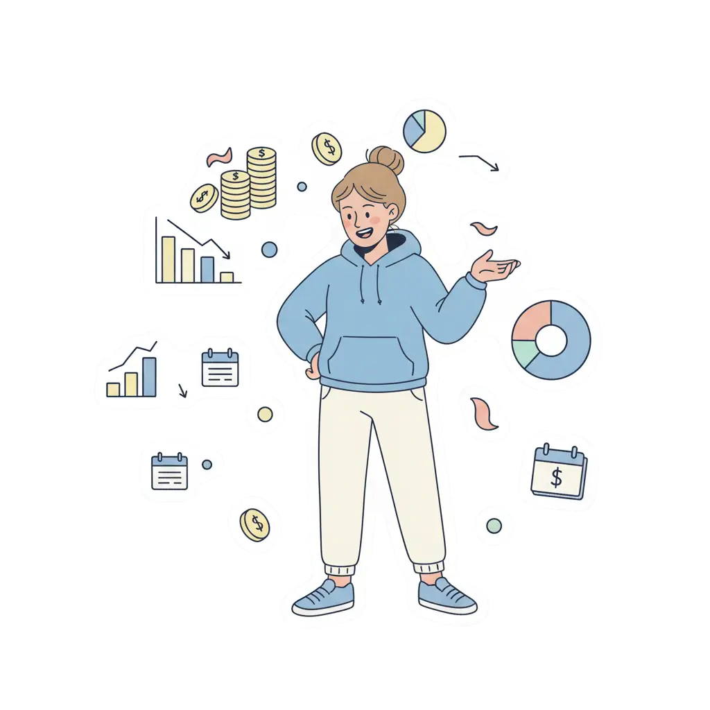 Illustration vectorielle d’une personne analysant les coûts de création d’un site internet en 2025, entourée de graphiques et d’icônes de budget, style stickers pastel bleu et blanc.