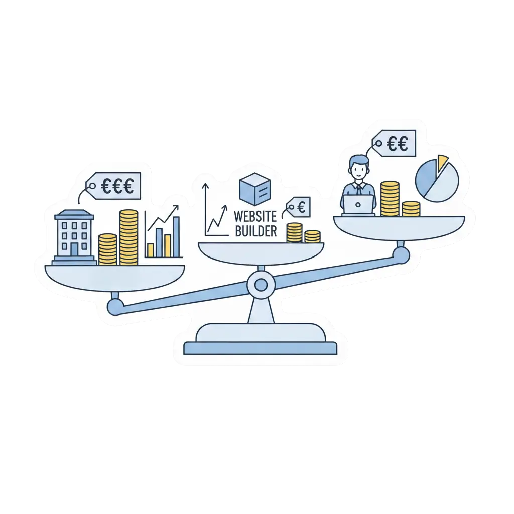 Illustration vectorielle d’une balance comparant les tarifs de création de site internet selon le type de prestataire, avec des étiquettes de prix et des symboles de budget, style stickers pastel bleu et blanc.