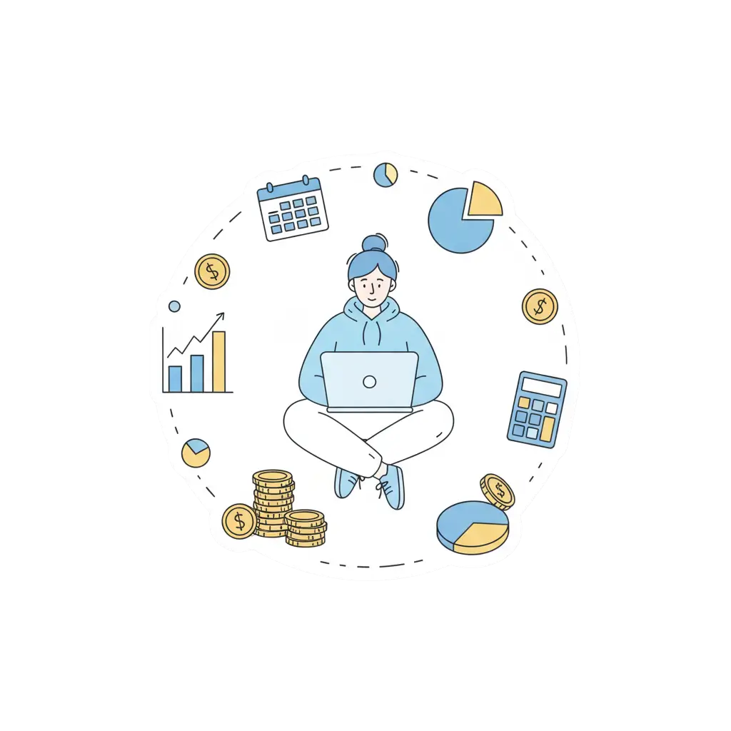 Illustration vectorielle symbolisant le coût d’un site internet professionnel en 2025, avec un ordinateur, une calculatrice et des graphiques, style stickers pastel bleu et blanc, sans texte visible.