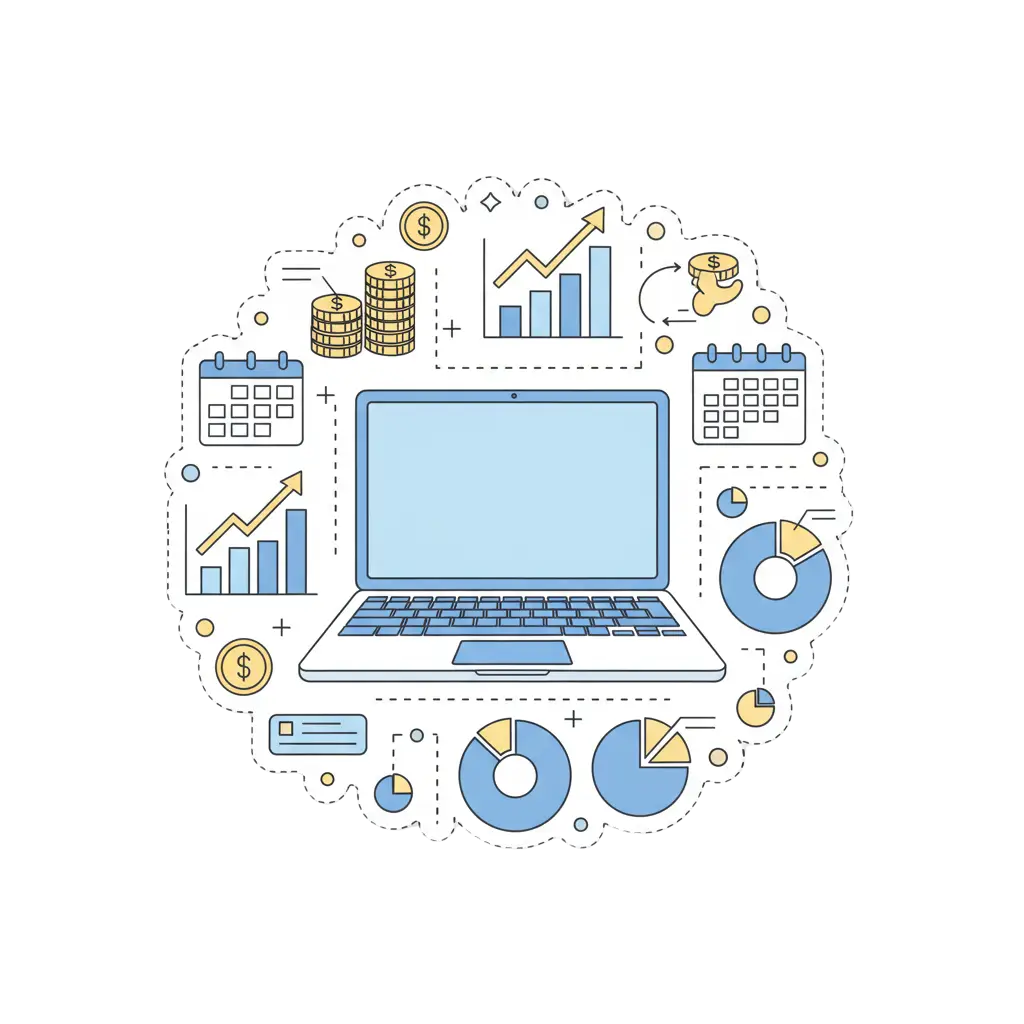 Illustration vectorielle d’un ordinateur entouré d’éléments symbolisant l’estimation du budget d’un site internet, style stickers pastel bleu et blanc, sans texte visible.