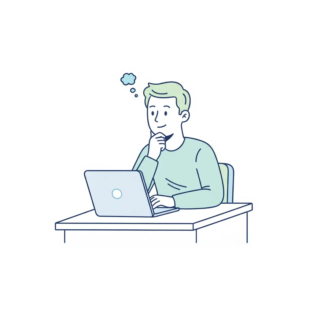 Illustration vectorielle d’un homme assis devant son ordinateur, en pleine réflexion, style stickers pastel bleu et blanc, sans texte visible.