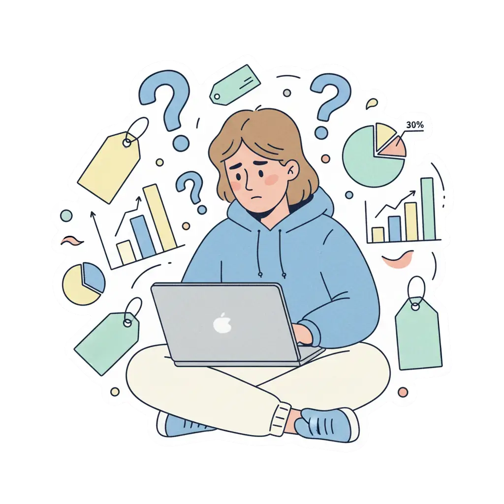 Illustration vectorielle d’une personne confuse devant son ordinateur, entourée de graphiques et d’étiquettes de prix, symbolisant la variation des tarifs de création de site web.