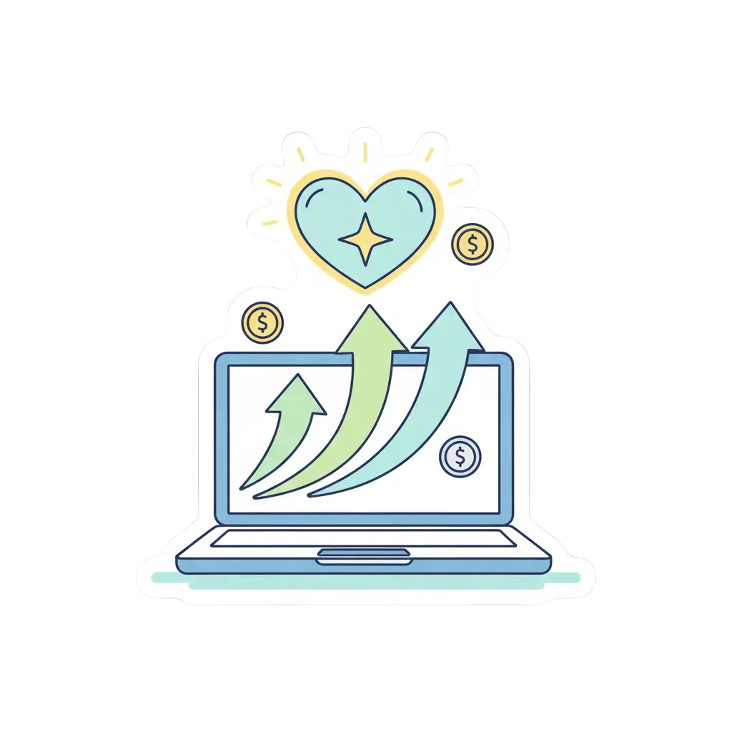 Illustration vectorielle d’un ordinateur symbolisant la valeur réelle d’un site internet, avec des flèches de croissance et des éléments positifs, style stickers pastel bleu et blanc, sans texte visible.